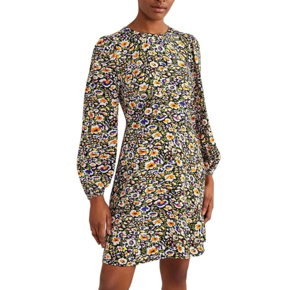 Boden Floral Print Long Sleeve Mini Dress Navy Blue Ruched Crew Neck Size 8 LONG